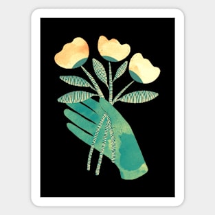 Green hand with yellow flowers for you on black background Magnet